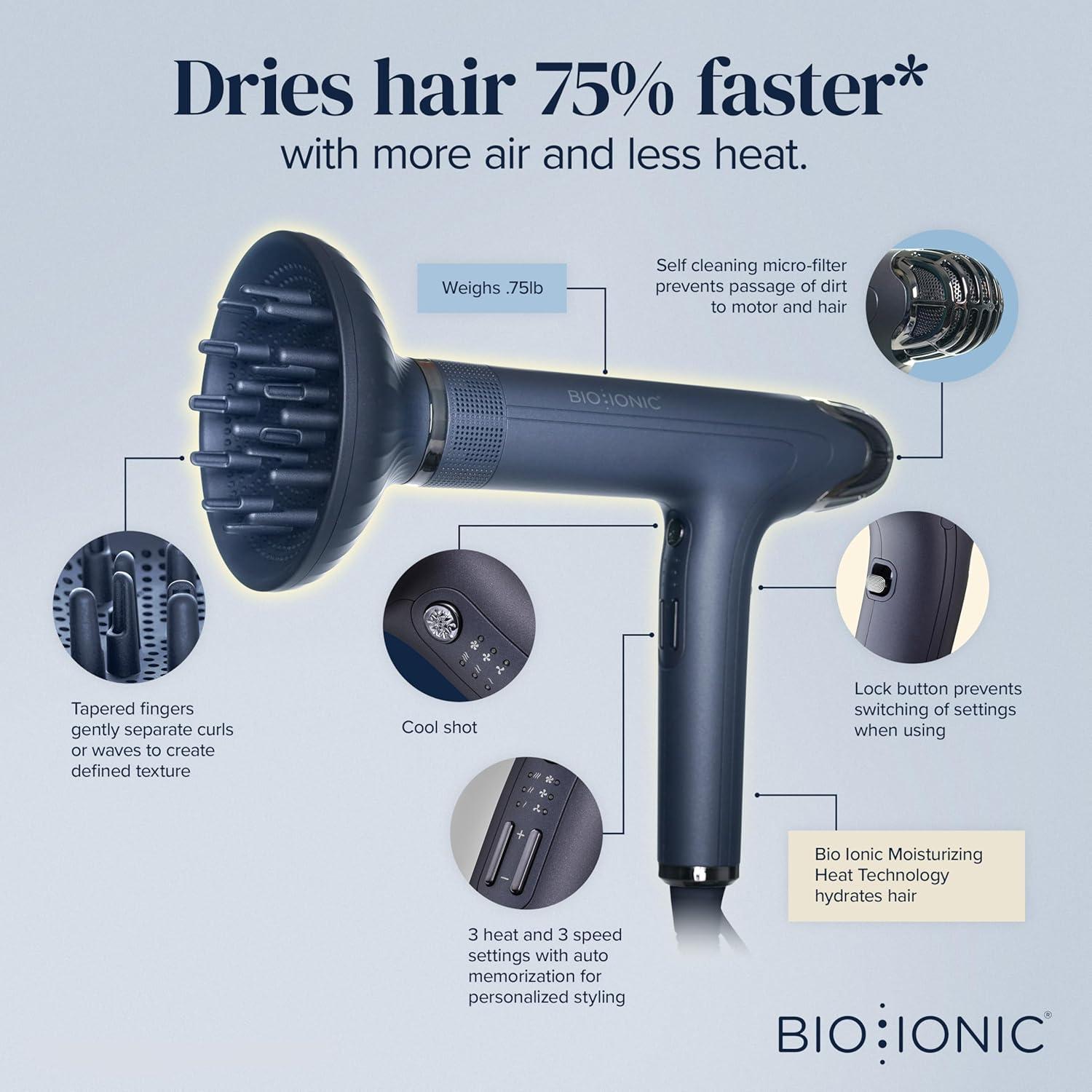 image:imageBio Ionic SmartX Hair Dryer with Diffuser HighEfficiency Blow Dryer with 3 Heat amp 3 Speed Settings Diffuser Hair Dryer Gently Dries Defines amp Reduces Frizz Self Cleaning FunctionBlue