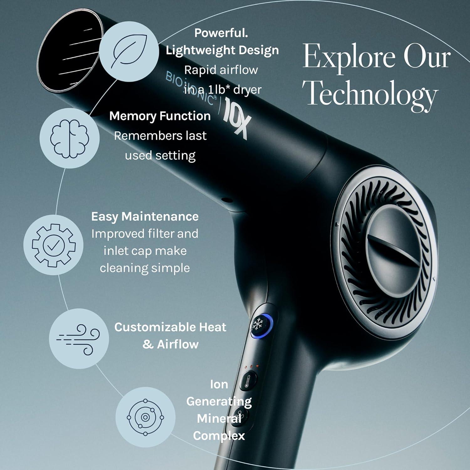image:imageBio Ionic 10X Ultralight Speed Hair Dryer Blow Dryer with Adjustable Heat amp Speed Memory Function Professional Hair Styling Tool for Fast FrizzFree HairstylesBlack