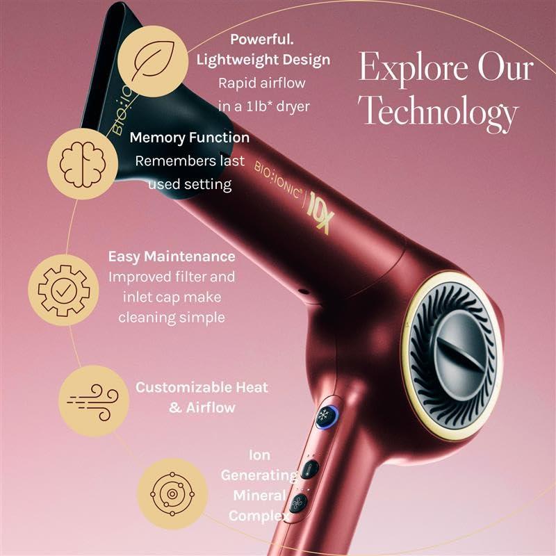 image:imageBio Ionic 10X Ultralight Speed Hair Dryer Blow Dryer with Adjustable Heat amp Speed Memory Function Professional Hair Styling Tool for Fast FrizzFree HairstylesVelvet Rouge Limited Edition